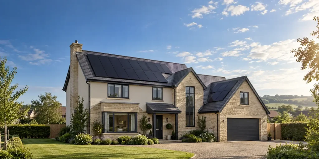 Detached house with black solar panels on the roof on a sunny day